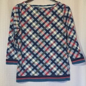 TALBOTS PIMA BATEAU NECK TEE - DIAMOND PLAID‎ SZ S